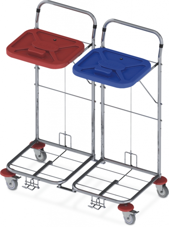 Dvojitý vozík na sběr prádla, nožní ovládání  - Červené víko